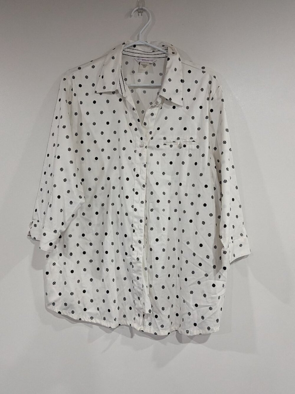 Allison Daley 3/4 Sleeve Polka Dot Button Down Blouse White Black Size 20W